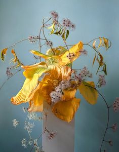 a vase filled with yellow and white flowers on top of a blue table next to a wall