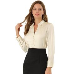 This satin blouse styled in a ruffle neck brings elegance to whatever outfit you're putting together. A neck with ruffled trim and lantern sleeve bring instant elegant to any day or night look. Suitable for Casual, Dating, Office, Work, Formal Occasion and Daily Wear. Perfectly pair it with jeans or skirt for a elegant and exquisite look. Modern and elegant, this shirt style with softly satin fabric and lantern sleeve. Elegant Cream Blouse At Affordable Price, Elegant Stand Collar Blouse With Buttons, Elegant Stand Collar Top With Buttons, Elegant Ruffled Blouse For Work, Office Tops With Button Closure And Ruffled Collar, Elegant Top With Stand Collar, Elegant Stand Collar Tops For Fall, Classic Blouse With Stand Collar For Work, Elegant Semi-formal Tops With Stand Collar