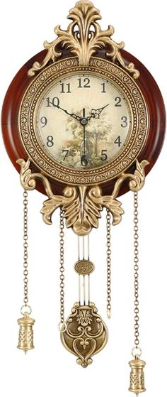 an ornate clock with bells and chains hanging from it's sides, on a white background