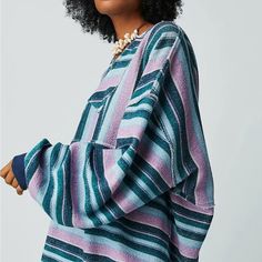 So Effortlessly Essential, This Staple Sweatshirt Is Featured In A Beachy, Relaxed Fit And Classic Striped Design With Raw Seaming, Dropped Shoulders, And Lower Back Hem For Added Shape. Relaxed, Oversized Fit Oversized Multicolor Sweatshirt For Loungewear, Striped Relaxed Fit Long Sleeve Outerwear, Striped Long Sleeve Outerwear With Relaxed Fit, Oversized Multicolor Hooded Top, Purple Relaxed Fit Long Sleeve Sweater, Striped Long Sleeve Sweater For Loungewear, Multicolor Relaxed Fit Sweater With Ribbed Cuffs, Oversized Striped Long Sleeve Sweatshirt, Multicolor Relaxed Fit Long Sleeve Sweater