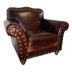 a brown leather chair with studded arms