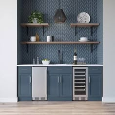 a kitchen with blue cabinets and shelves filled with bottles, wine glasses, and other items