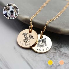 two personalized dog and cat pendants on a gold plated necklace with a photo