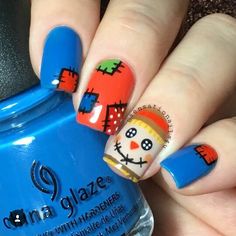 #sensationalnails4u cute scarecrow nails Scarecrows Nails, Scarecrow Nails, Fall Thanksgiving Nails, Thanksgiving Nail Designs, Thanksgiving Nail Art, Fingernail Designs, Fall Nail Art Designs, Seasonal Nails, Fall Acrylic Nails