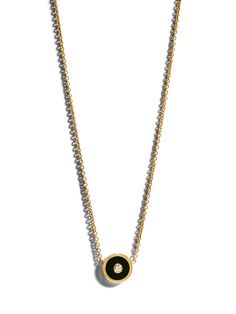 This gorgeous compass pendant from Retrouvaí is embellished in bold black onyx inlay centered with a white diamond. Handcrafted in 14-karat yellow gold. Detailed in black onyx and diamond. Diamond totals 0.02 carat. Compass measures 1 1/4-in. in diameter. Necklace measures 16-in. long with lobster clasp. White Gold Necklace With Black Enamel, Formal Round Black Enamel Necklaces, Formal Black Enamel Round Necklaces, Luxury Black Enamel Round Necklace, Formal Black Enamel Round Pendant Necklace, Yellow Gold Jewelry With Black Enamel Round Pendant, Fine Jewelry Diamond Necklace With Black Enamel, Gold Diamond Necklace With Black Enamel, White Gold Round Jewelry With Black Enamel