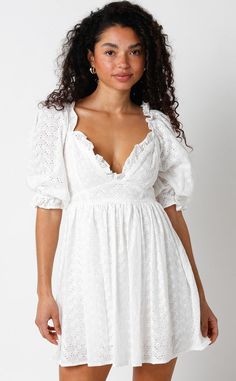 Find the Samantha White Eyelet Puff Sleeve Mini Dress at BohoPink.com! White eyelet lace mini dress with a plunging neckline. Express shipping is available! Eyelet Lace Fabric, Puff Sleeve Mini Dress, Pink Boho, Trendy Clothing, White Eyelet, Eyelet Lace, Lace Mini Dress, Mini Dress With Sleeves, Babydoll Dress