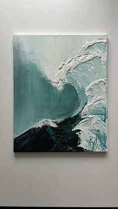 an abstract painting on the wall with waves in green and white colors, painted by hand