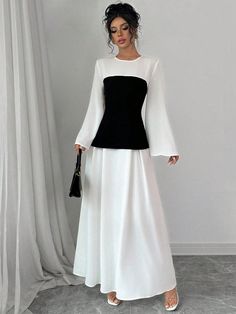 Women's Solid Color Patchwork Round Neck Long Sleeve Casual Long Dress Black and White Elegant  Long Sleeve Woven Fabric Colorblock A Line Non-Stretch  Women Clothing, size features are:Bust: ,Length: ,Sleeve Length: White Floor Length Dress, Oc Moodboard, Bleach Oc, White And Black Dress, Button Front Dress, Long Dress Casual, Floor Length Dresses, Women Long Dresses, Inspiration Mode