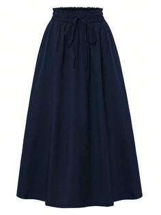 1pc Women Solid Color Elastic Waist Frill Trim Dual Pocket A-Line Skirt Navy Blue Boho   Polyester Plain,Plants,All Over Print,Random Print Flared Slight Stretch Fall,Spring,Spring/Fall,Summer,Spring/Summer/Fall Women Clothing, size features are:Bust: ,Length: ,Sleeve Length: Navy Skirt, Satin Skirt, Ankle Length Pants, Primavera Estate, A Line Skirt, Summer Fall, Ruffle Hem, Wide Leg Jeans, Colorful Leggings