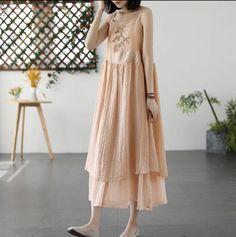 Details: Item Type: Dress Main Material: Dress Season: Cotton Style: Leisure, Daily Pattern Type: Embroidery Waist Type: Loose Fit Type: Loose fit/ Pullover Size: One Size Length: 124.00 cm/ 48.82 " Bust: 98.00 cm/ 38.58 " Sleeveless Cotton Embroidered Dress, Sleeveless Apricot Dress For Summer, Embroidered Sleeveless Dress For Summer, Sleeveless Apricot Sundress For Spring, Apricot Sleeveless Sundress For Spring, Casual Sleeveless Dress With Floral Embroidery, Sleeveless Embroidered Sundress, Beige Embroidered Hem Summer Dress, Spring Sleeveless Embroidered Cotton Dress