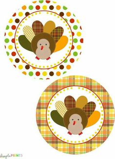 two turkeys with hats on their heads are in the center of a plaid circle