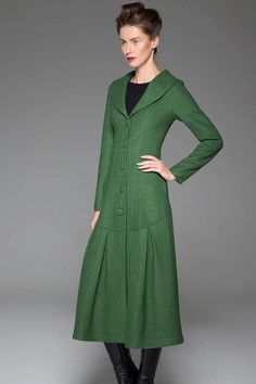 Green Winter Coat - Vintage Style Long Single-Breasted Elegant Feminine Designer Women's Wool Blend Swing Coat with Dropped Waist (1413) Green Double-breasted Pea Coat For Fall, Dark Green Long Sleeve Outerwear For Fall, Double-breasted Green Pea Coat For Fall, Classic Green Winter Outerwear, Green Wool Coat With Pockets For Fall, Fitted Dark Green Outerwear For Fall, Classic Green Wool Coat With Long Sleeves, Green Wool Coat For Winter, Green Double-breasted Pea Coat With Button Closure