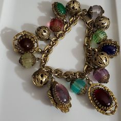 Etruscian Revival Style, Vintage Estate Stunning Charm Bracelet! This Has Tons Of Chunky True Jelly Belly And Lucite Faceted Beads With Figree Bead Caps, Gold Round Filigree Metal Beads, There Are Some Signed Unsigned Very Rare Napier Charm Bracelets Like This And Very Similar, I'm Not Sure If This Is By Napier But It's Very Possible And They Are Very Expensive! Over 300.00, There Were Several Simar And All Were Up In The $ On Different Designer Brands And Some From Italy, This Is Absolutely Stunning And The Estate Info Is That It's From The 50's. The Chunky Jelly Belly Beads Have Dimension And Are Double Sided. Beautiful Colors. This Is Approximately 7.5" And Can Eaisly Have A Few Jump R Belly Beads, Victorian Filigree, Dope Makeup, Jelly Belly, Funky Jewelry, Tiffany And Co, Dream Jewelry, Bead Caps, Metal Beads