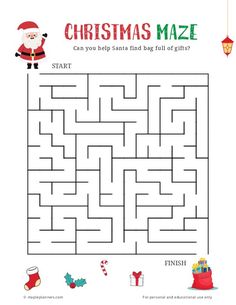 a christmas maze with santa clause and presents on it, as well as an image of the