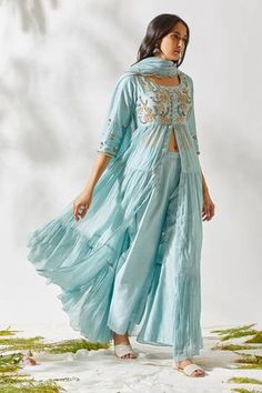 Shop for Devyani Mehrotra Blue Chanderi Embroidered Anarkali Set for Women Online at Aza Fashions Front Open Anarkali, Bridal Trousseau, Daisy Fabric, Long Kurti Designs, Kurti Neck Designs, Vintage Romance, Blue Daisy, Anarkali Dress, Fashion Attire