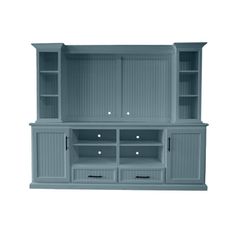 a blue entertainment center with drawers and cupboards on the bottom, in front of a white background