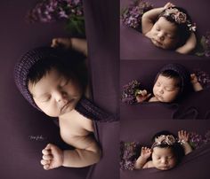 a baby is sleeping in purple with flowers on it's head and wearing a hat