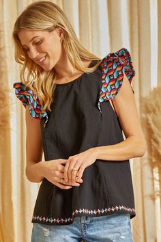 Step out in confidence with Close to Me Embroidered Top. This stylish top features an embroidered pattern and beautiful flutter sleeves that’ll turn heads. Its a-line bodice fit and round neckline adds the perfect fit for your curves, while still allowing you to make a statement as you stand out in the crowd. Whether you’re going out on date night or girl's night out, this embroidered blouse will make you feel close to fabulous all day. 100% Cotton Want to view this on the *Live* Sizing & Stylin Winners Never Quit, Denim Tunic, Never Quit, Comfortable Wedges, Stylish Top, Color Block Top, Great T Shirts, Flowy Tops, Mixing Prints