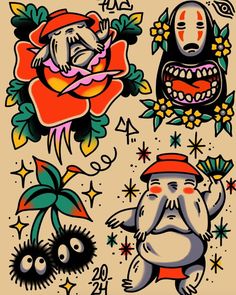 an assortment of tattoos on a beige background