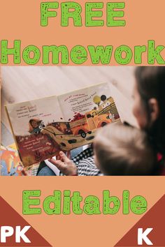 a child reading a book with the title free homework editable