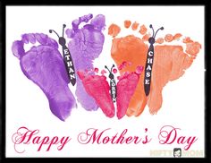 three handprints with the words happy mother's day written on them in pink, orange and purple