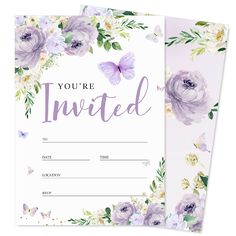 two purple and white flowers with butterflies on them are shown in front of the card