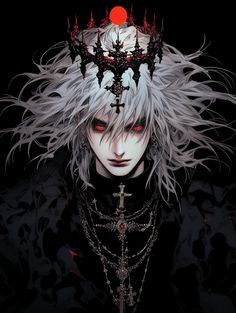 an anime character with white hair and red eyes, wearing a crown on top of his head