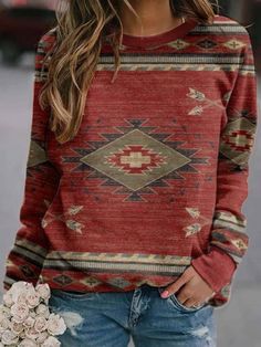 Printed Long Sleeve Round Neck Top Western Style Clothing, Aztec Jacket, Aztec Fashion, Round Neck Sweatshirts, Native American Fashion, American Fashion, Graphic Tops, Round Neck Tops, Casual Pullover