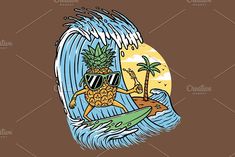 a pineapple surfer riding a wave