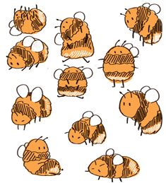 a bunch of bees that are drawn in different stages and sizes, each with their own head