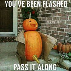 a large pumpkin sitting on top of a bag next to a brick building with the words, you've been flashed pass it along