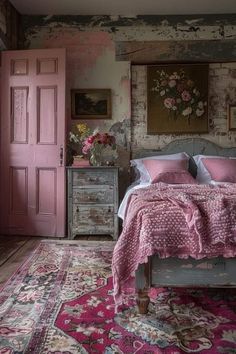 a bed with pink sheets and pillows in a bedroom next to an old wooden door