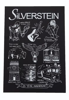 a black and white poster with an image of silversteein written in different languages