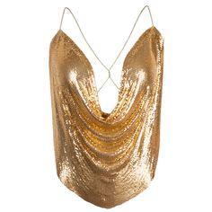 Gold metal draped top with diamond chains on the back. Non stretchy material. The designer personally fits each piece on a figure to ensure it falls perfectly, that's why this piece could take more time on production.  100% metal (chainmail) Glamorous Fitted Body Chain For Evening, Glamorous Fitted Body Chain For Evening Events, Luxury Gold Tops For Evening, Luxury Gold Top For Evening, Glamorous Gold Body Chain For Evening, Glamorous Body Chain For Night Out, Glamorous Body Chain For Parties, Fitted Gold Body Chain For Night Out, Glamorous Party Body Chain With Chain Strap