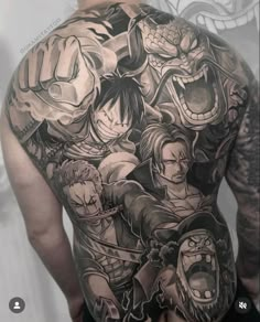 the back of a man's full body with many characters on his chest and arms