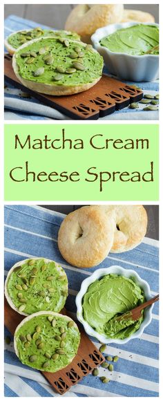 three different views of breads with green cream in them and the words, matcha cream cheese spread