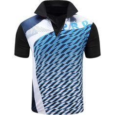 a blue and white polo shirt with black trims on the collar, featuring an abstract design