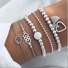 5- Boho Silver Bracelets Boho Charm Bracelet, Lotus Bracelet, Boho Bangle, Geometric Bracelet, Bohemian Bracelets, Crystal Beads Bracelet, Styl Boho, Bead Charm Bracelet, Charm Bangle