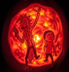 a carved pumpkin with an image of rick and mort on it