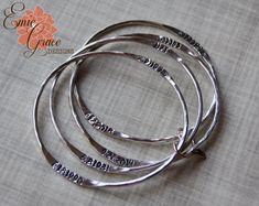 Mothers Names Bracelet Sterling Silver Bangles Yellow Gold | Etsy Sterling Silver Stackable Bangle For Anniversary, Stackable Sterling Silver Bracelet For Anniversary, Personalized Sterling Silver Bangle, Personalized Silver Sterling Bangle, Personalized Silver Bangle For Mother's Day, Personalized Sterling Silver Round Bracelet For Anniversary, Personalized Sterling Silver Bracelet For Anniversary, Hand Stamped Sterling Silver Bracelets For Mother's Day, Silver Round Bangle For Personalized Gifts