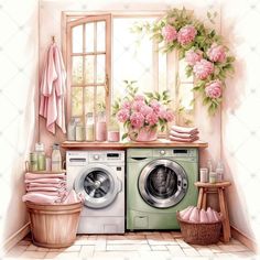 a washer and dryer in a room with pink flowers