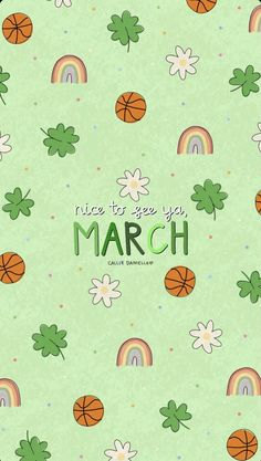 a green background with shamrocks, flowers and basketballs on it's side