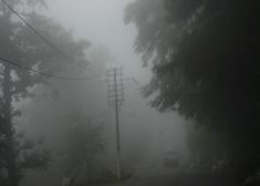 a foggy street with power lines and telephone poles