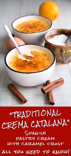 two bowls filled with soup next to an orange and cinnamon stick on a table top