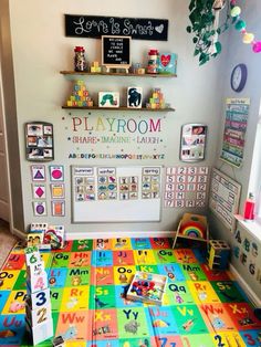 Playroom Learning Ideas, How To Decorate Daycare Room, Learning Areas Preschool, Living Room Setup For Small Space, Playroom Learning Center, Home School Playroom, Preschool Classroom At Home, Small Home Childcare Room Ideas, Homeschool And Toy Room