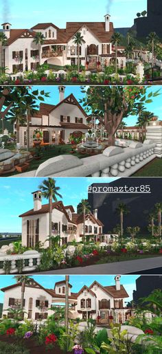 three different views of the same house from each side, with trees and bushes in front