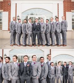 a group of men standing next to each other wearing suits and ties on their wedding day