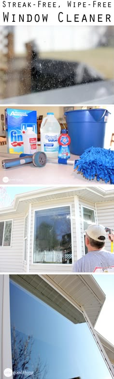 there is a window cleaner that is cleaning the outside of a house with blue mop