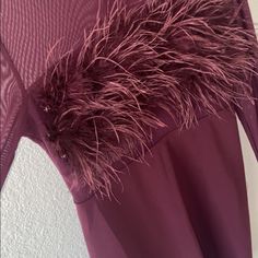 Mesh Top And Upper Back Feather Dress. Elegant Mini Dress With Feather Trim For Fall, Purple Feathered Dress For Evening, Fall Mini Dress With Feather Trim, Chic Feathered Dress For Date Night, Formal Feathered Mini Dress For Spring, Chic Feathered Mini Dress For Fall, Chic Party Midi Dress With Feather Trim, Feathered Mini Dress For Fall, Chic Winter Mini Dress With Feathers