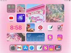 Pink summer aesthetic home screen layout for iPad, made by me Aesthetic Ipad Home Screen Layout, Ipad Wallpaper Layout Ideas, Ios 16 Ipad Home Screen Ideas, Ipad Home Screen Layout Pink, Pink Ipad Aesthetic Layout, Cute Ipad Widgets, Pink Ipad Setup, Ipad Layout Ideas Pink, Ipad Inspo Homescreen Aesthetic